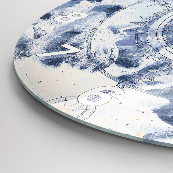Round glass wall clock Blue drawings