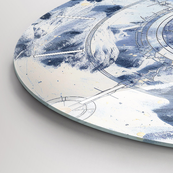 Round glass wall clock Blue drawings