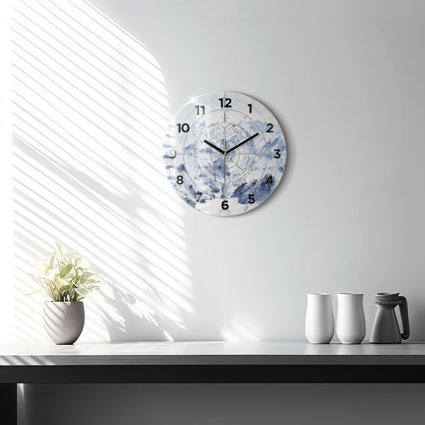 Round glass wall clock Blue drawings