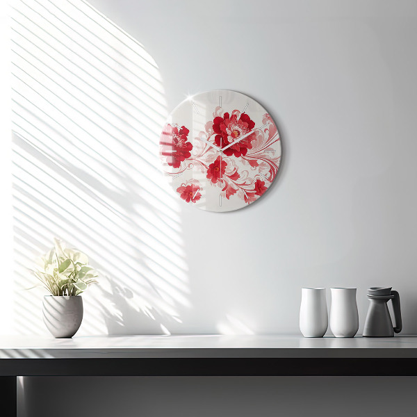 Round glass wall clock Red flowers