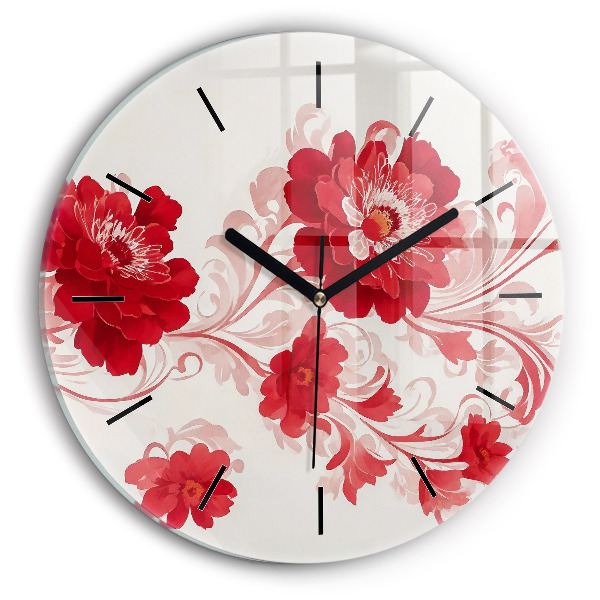 Round glass wall clock Red flowers