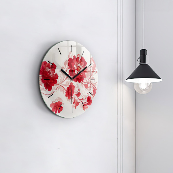 Round glass wall clock Red flowers