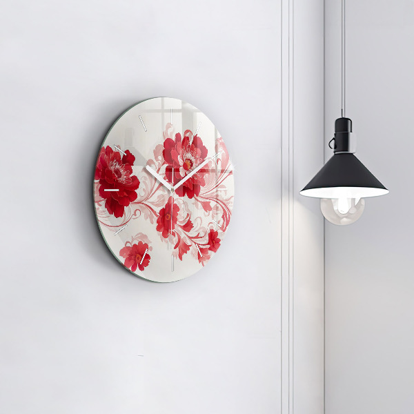 Round glass wall clock Red flowers