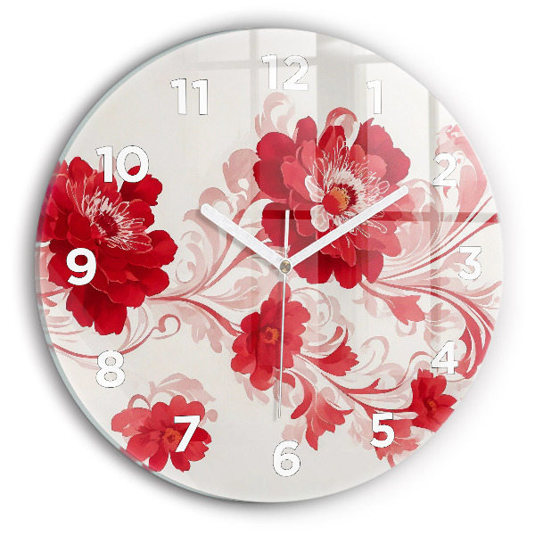 Round glass wall clock Red flowers