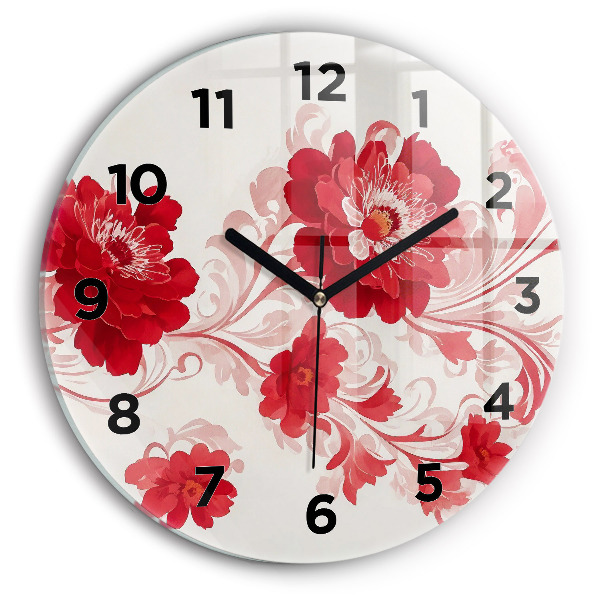 Round glass wall clock Red flowers