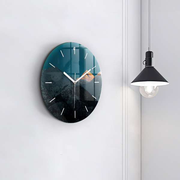 Round glass wall clock Sunset in the mountains