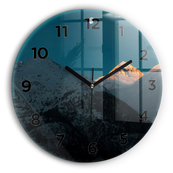 Round glass wall clock Sunset in the mountains