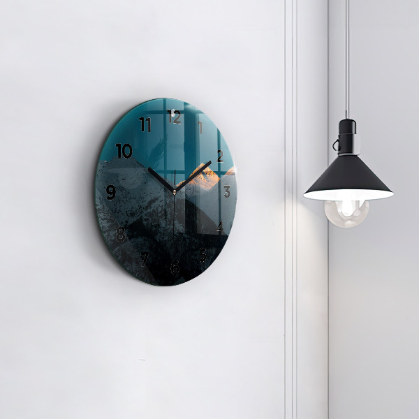 Round glass wall clock Sunset in the mountains