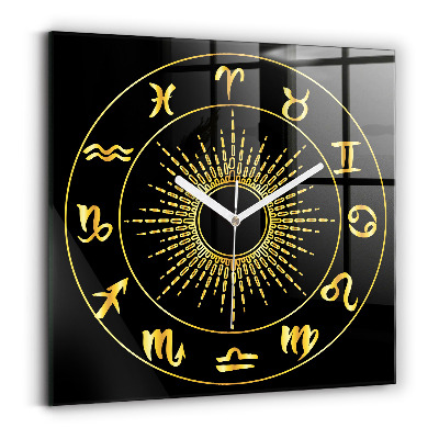 Square kitchen clock Golden zodiac signs on black background