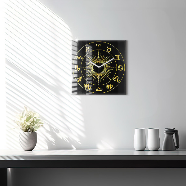 Square kitchen clock Golden zodiac signs on black background