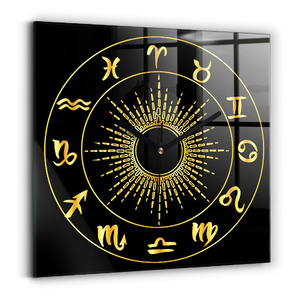 Square kitchen clock Golden zodiac signs on black background
