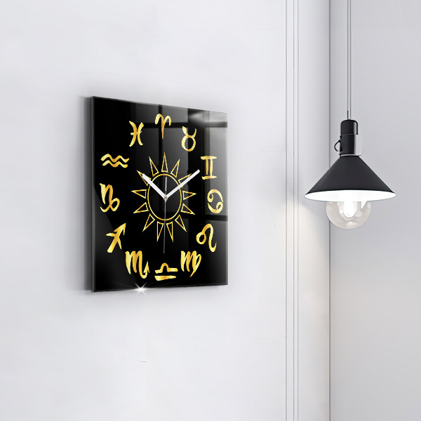 Square kitchen clock Golden astrological signs on black background