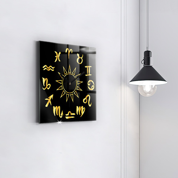 Square kitchen clock Golden astrological signs on black background