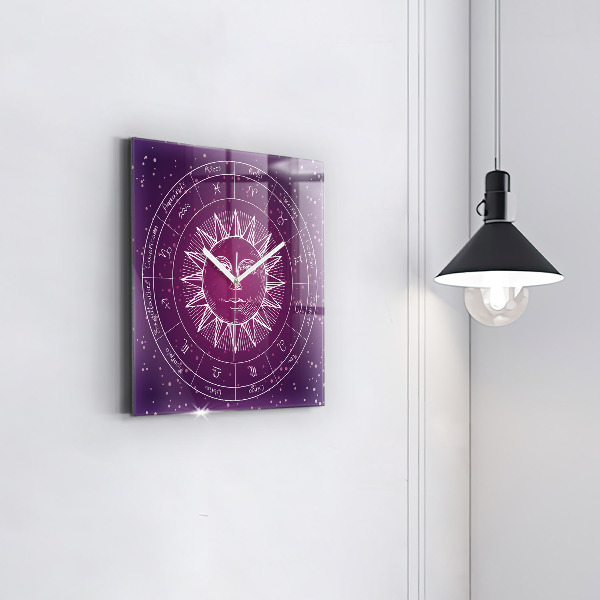 Square kitchen clock Zodiac constellations on purple background
