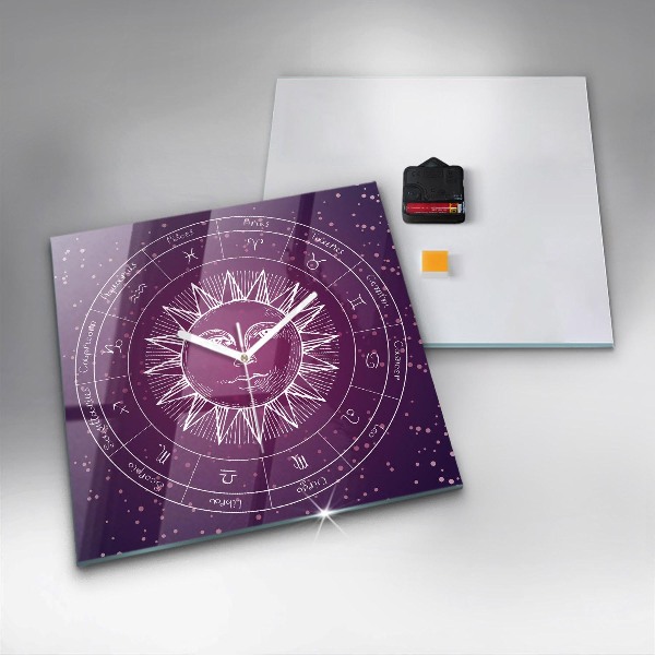 Square kitchen clock Zodiac constellations on purple background
