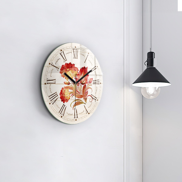 Round wall clock Red Flowers