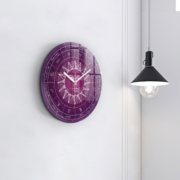 Round wall clock Zodiac Constellations on a Purple Background