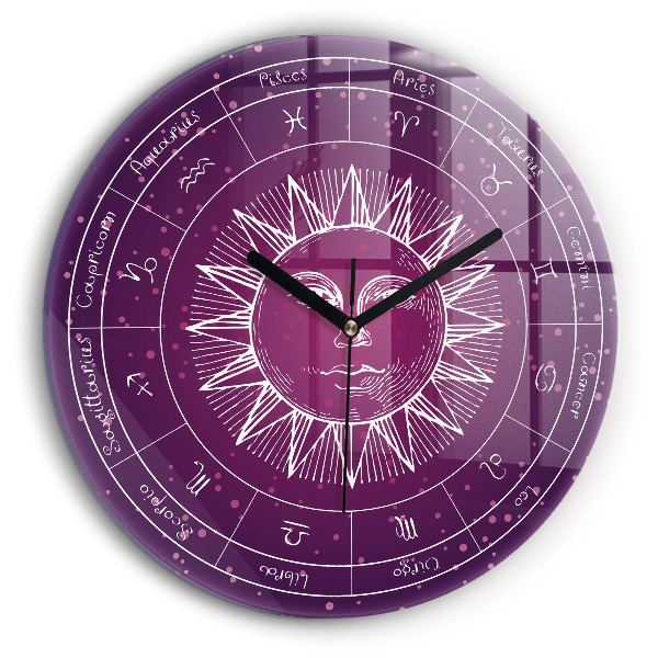 Round wall clock Zodiac Constellations on a Purple Background