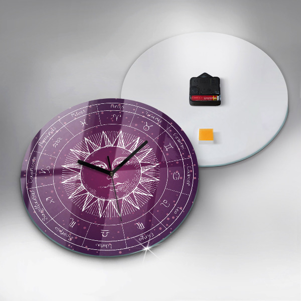Round wall clock Zodiac Constellations on a Purple Background
